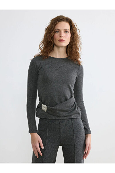 LC Waikiki Anthracite Crew Neck Blouse with Gathered Buckle Detail