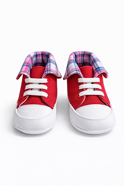 Pure Boutique Tenisi bebelusi rosii cu siret talpa flexibila carouri stil spo...