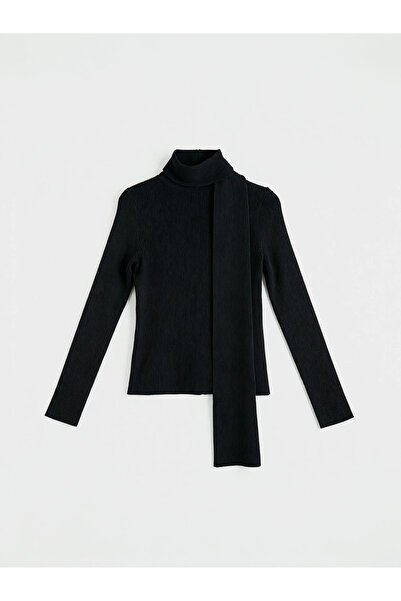 LC Waikiki Black Scarf Collar Ribbed Women's Knitwear Cardigan