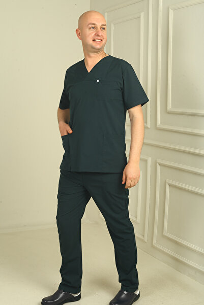 DENİZ İŞ Men's Envelope Collar Terycotton Scrubs Set - Bitter Green