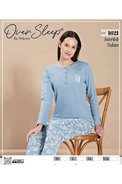 Over Sleep by Poleren Kadın Uzun Kollu Bisiklet Yaka Yarım Düğmeli İnterlok K...