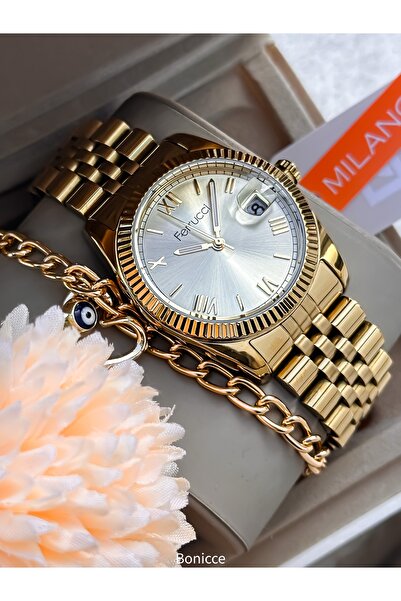 Ferrucci Women's Watch with Calendar, in Stylish Box, Yellow Steel Strap+Brac...