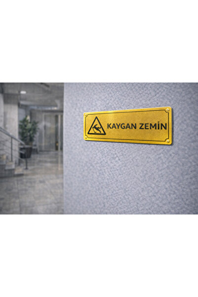 Outdoor One Slippery Floor Gold Metal Warning Sign 5X20 cm – Site & Apartment