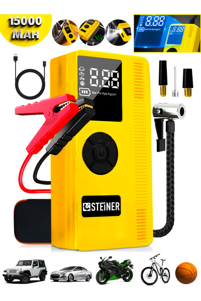 STEİNER 15000 Mah 150 psı Akü Takviye Cihazı 7 in 1 Lastik Şişirme Hava Kompr...