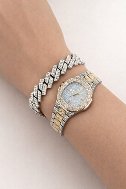 laria jewelry Taşlı Gold Iced Out Saat Ve Küba Bileklik Seti