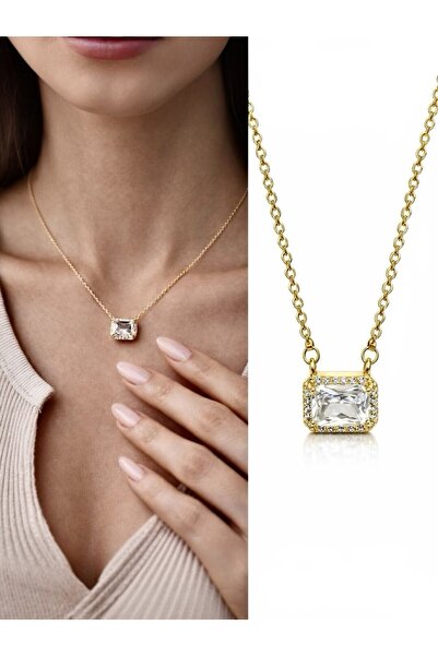 Sense of Atelier Noir Frame Square Gold Square Stone Modern Women's Necklace-...