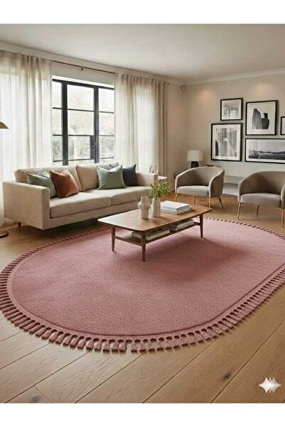 ALTUN CARPET MODERN YAVRU AĞZI AÇIK PEMBE OVAL PONPON SAÇAKLI PELÜŞ HALI KAYM...