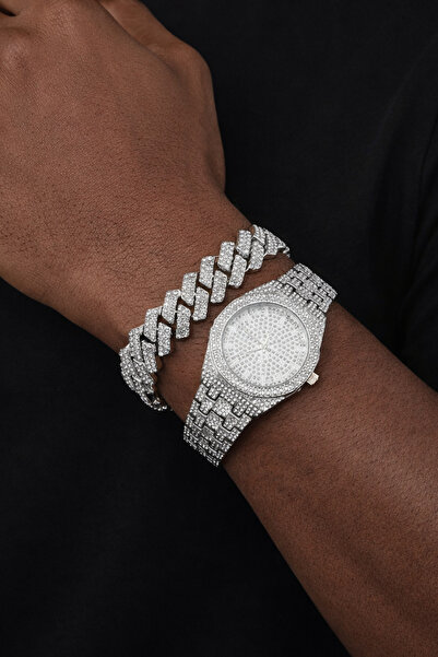 laria jewelry Taşlı Iced Out Erkek Saat Ve Küba Bileklik Seti