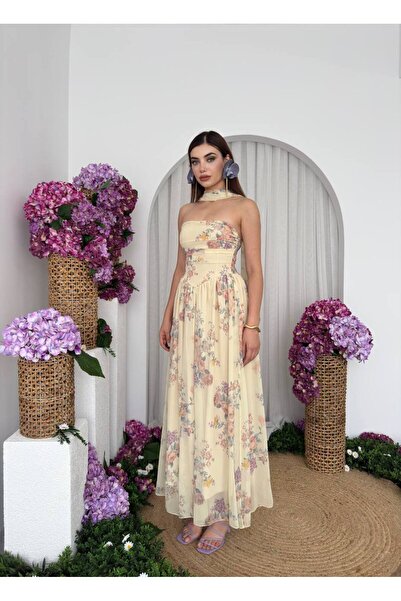 ETİKAFASHION Şal Detaylı Askısız Çiçek Desenli Elbise