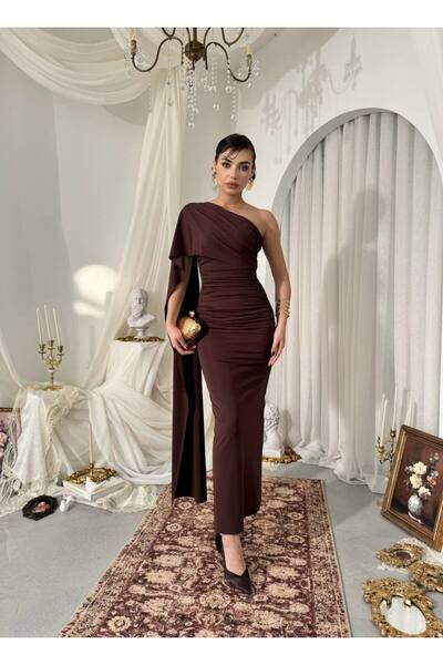 ETİKAFASHION Tek Omuz Şal Drapeli Uzun Abiye Elbise