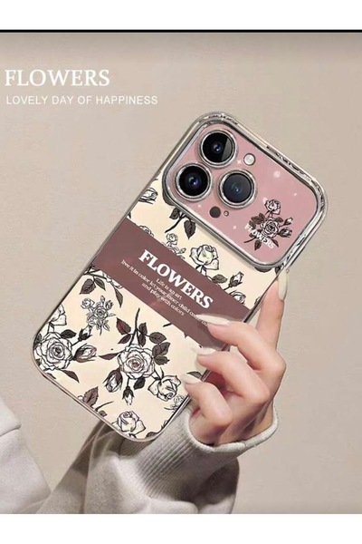 MİRAZ TASARIM غطاء آيفون 15 برو ماكس بنمط الزهور مع تفاصيل فضية لامعة بلون إكرو