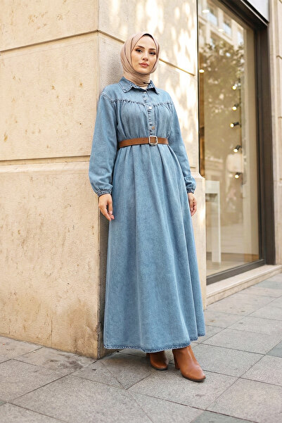 MODAQU Long Denim Dress with Rubberized Sleeves and Buttons, Ice Blue