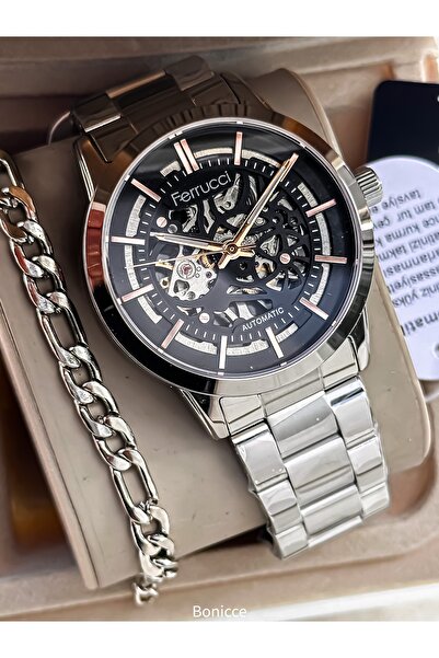 Ferrucci Automatic (Battery-Free) Men's Wristwatch, Black Dial, Silver Steel ...