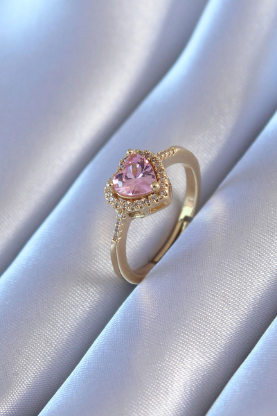 PONNA Gold Color Zircon Stone Heart Model Brass Charm Women's Ring