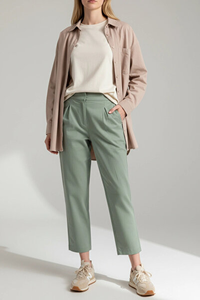 Invee Kadın Yüksek Bel Pamuklu Kumaş Pantolon - Yeşil