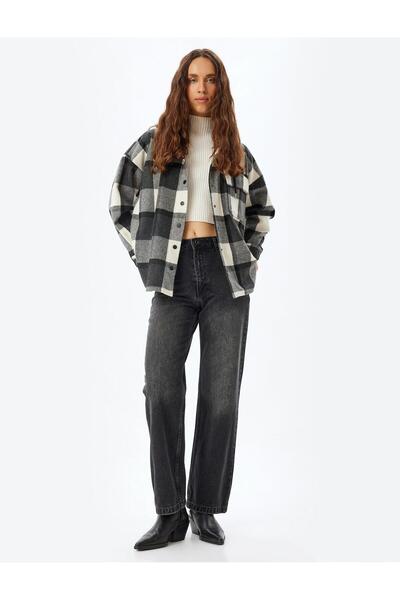 Koton Oversize Lumberjack Shirt with Hood, Classic Collar, Buttoned Pocket De...