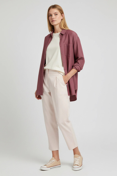 Invee Kadın Yüksek Bel Pamuklu Kumaş Pantolon - Vanilya