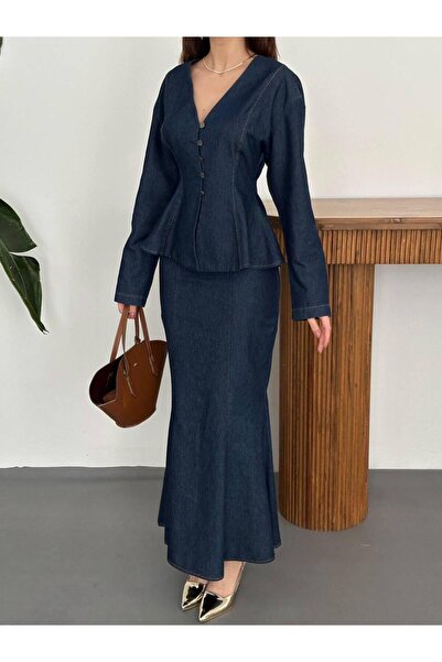 Ekim Store Peplum Jacket Maxi Skirt Denim Set