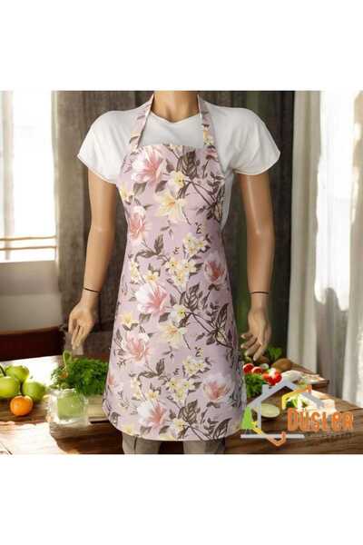 DÜŞLER EV TEKSTİLİ Floral Pattern Powder Pink Satin Adjustable Chef Kitchen A...