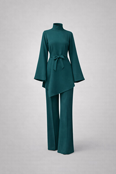 Tarzım Tuba Kuşaklı Modern Kesim Esnek Scuba Pantolon Tunik Set