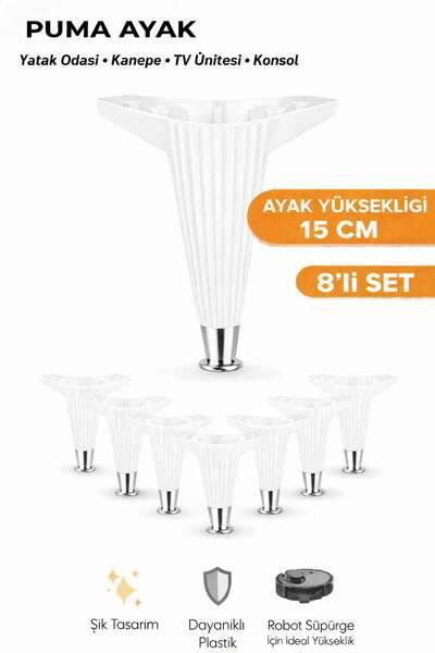 İMT AKSESUAR Puma 15 Cm Beyaz-Krom (8 Adet) Robot Süpürge Uyumlu Mobilya Kane...