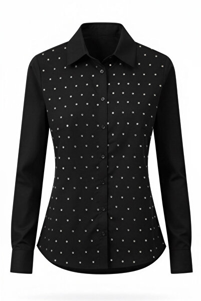 Miss Poem Women's Black Stone Detailed Cotton Lycra Shirt