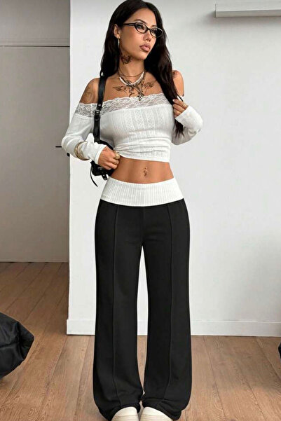 İlayda Toprak Daizy Siyah Kemer ve Önden Dikiş Detaylı Düşük Bel Bol Kalıp Co...