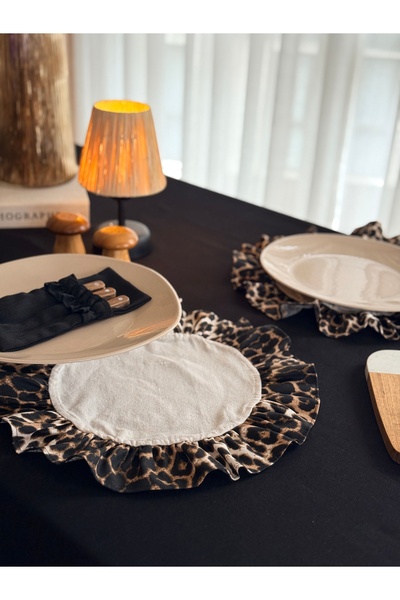 KaiAtelier 2Li Natural X Leopar طبق تقديم أمريكي من الكتان بتفاصيل كشكشة دائر...