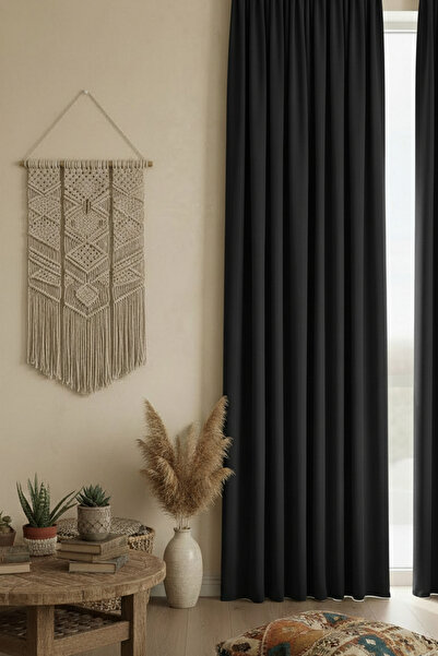Dokuar Kadife Dokulu Premium Büzgü Ekstraforlu Siyah Düz Polyester Fon Perde