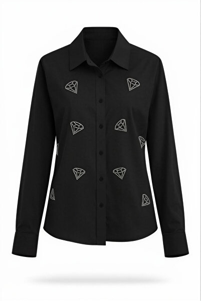 Miss Poem Women's Black Shirt with Stone Collar, 100% Cotton Shirt