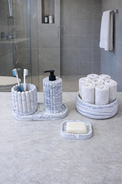 Zigzag Home طقم حمام مزخرف من 5 قطع بنمط رخامي مخطط، صينية توزيع الصابون الصل...