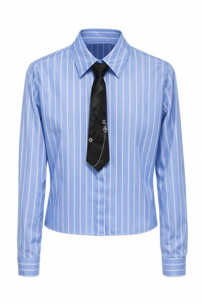 Miss Poem Women's Light Blue Striped Tie Long Sleeve Shirt