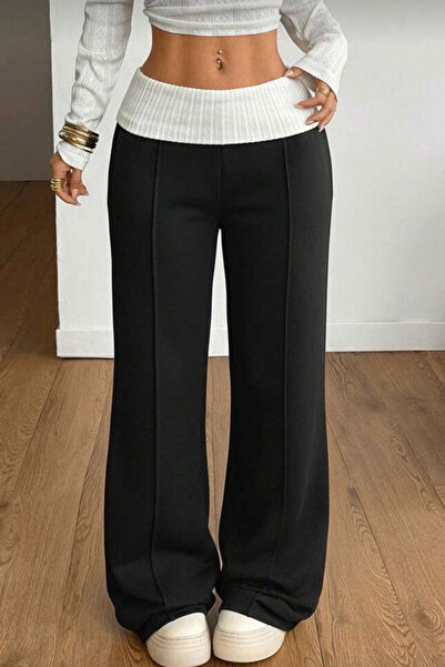 İlayda Toprak Daizy Black Belted and Front Stitching Detailed Low Waist Loose Fit Cool Sweatpants