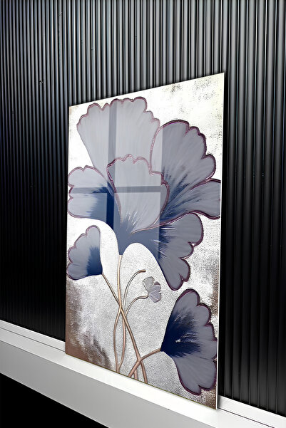 kutuTR Gümüş Işıltılı Mavi Ginkgo Yaprağı Desenli Temperli Cam Tablo 50x70 Cm...