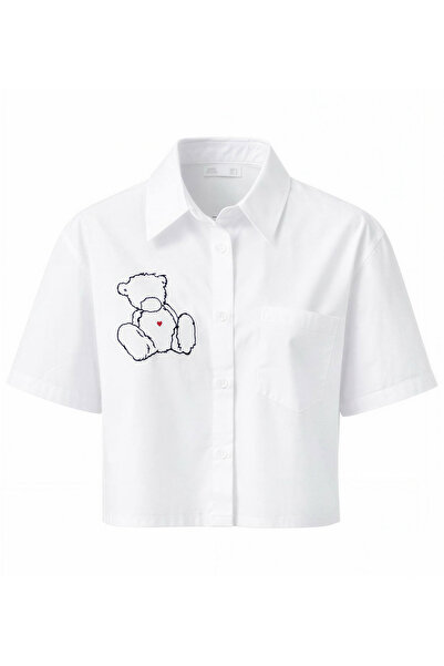 Miss Poem Women's White Front and Back Teddy Bear Patterned Short Sleeve Crop...