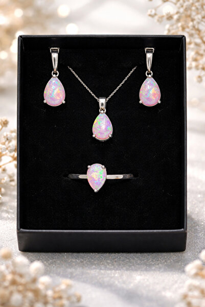 OPAL Beyaz Taşlı 925 Ayar Gümüş Küpe & Kolye & Yüzük