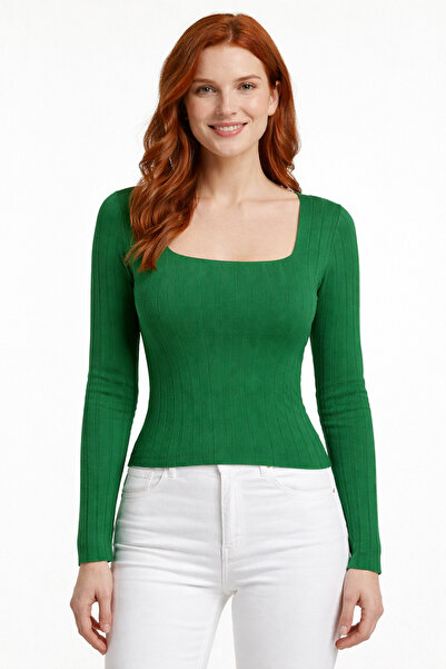 Neden Tekstil Square Neck Ribbed Long Sleeve Knit Sweater