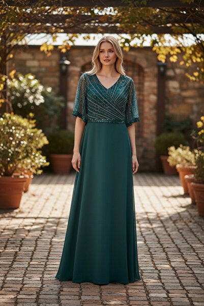 modayiğit 46 beden taş detaylı uzun kadın abiye elbise