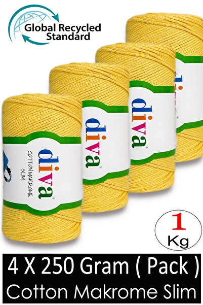 Diva İplik (4 × 250 جرام) - 1 كجم - 2 مم - خيط حقيبة كوتون مكرامية 2123 أصفر