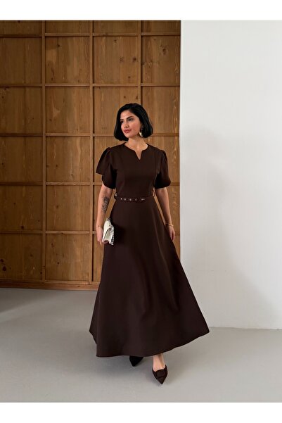 maf collection Women's Brown V-Neck Short Sleeve Belt Detail Long Evening Dress