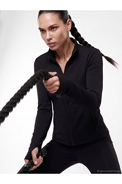 LC Waikiki Koor Sport Black Women's Zippered Sweatshirt with Snap-On Fingers