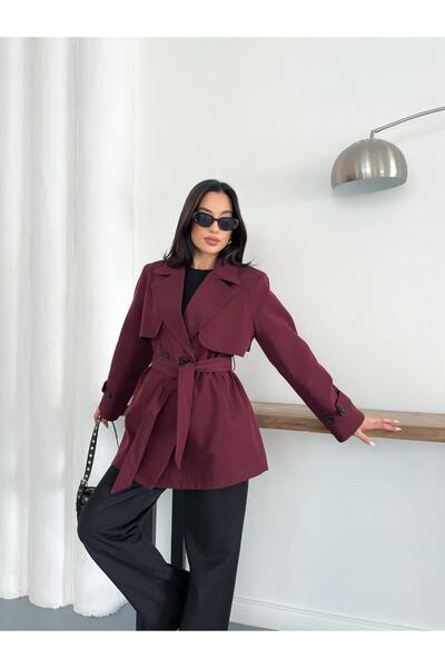 timagna Kadın Kuşaklı Astarlı Kısa Trençkot Yeni Sezon Mevsimlik Trenç Ceket
