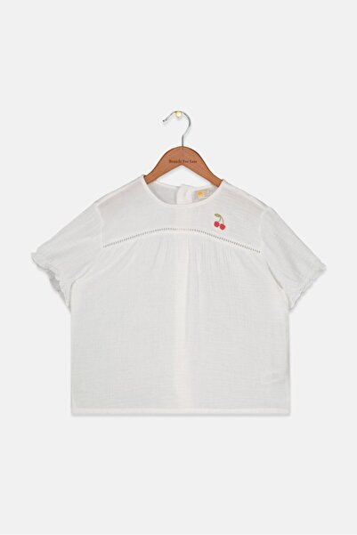 Tchibo Kids Girl Round Neck Short Sleeves Embroidered Top, White