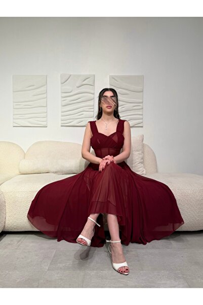 ELEEN EST Burgundy midi dress with a corset design and elegant pleats