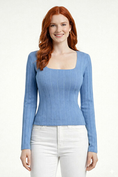 Neden Tekstil Square Neck Ribbed Long Sleeve Knit Sweater