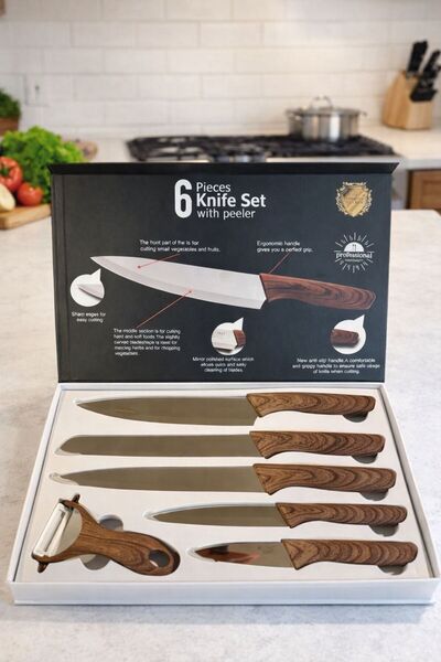OEM Set of 5 Kitchen Knives + Vegetable Peeler - Stainless Steel Blades, Anat...