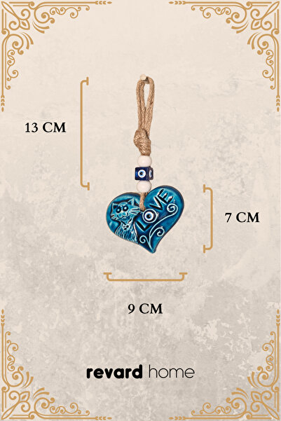 Revard Home Nazar Boncuklu Sevgi Temalı Kedili Kalp Seramik El Yapımı Dekoratif Duvar Süsü Eşyası 7X9 CM