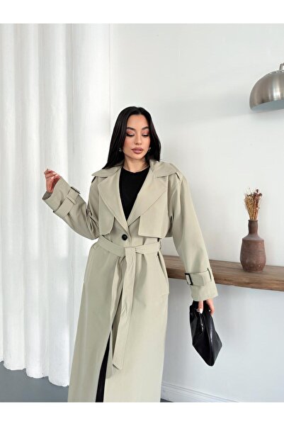 timagna Kadın Trençkot Oversize Kruvaze Yaka Kuşaklı Belden Bağlamalı Uzun Trenç