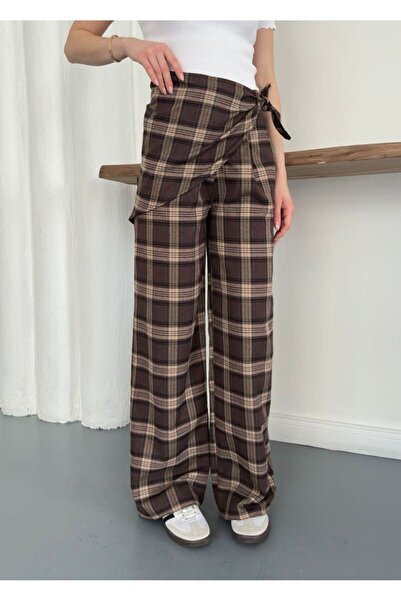 Ekim Store Plaid Patterned Palazzo Trousers with Shawl