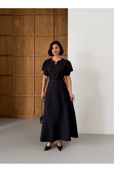 maf collection فستان سهرة طويل للنساء باللون الأسود بياقة على شكل V وأكمام قص...